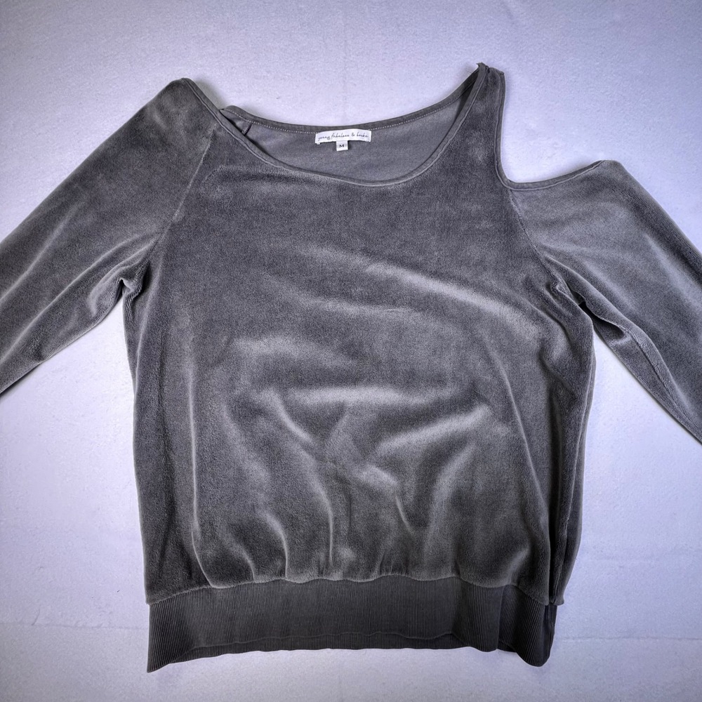 Young Fabulous & Broke Gray Velvet Cold Shoulder Sweatshirt Velour Top Medium